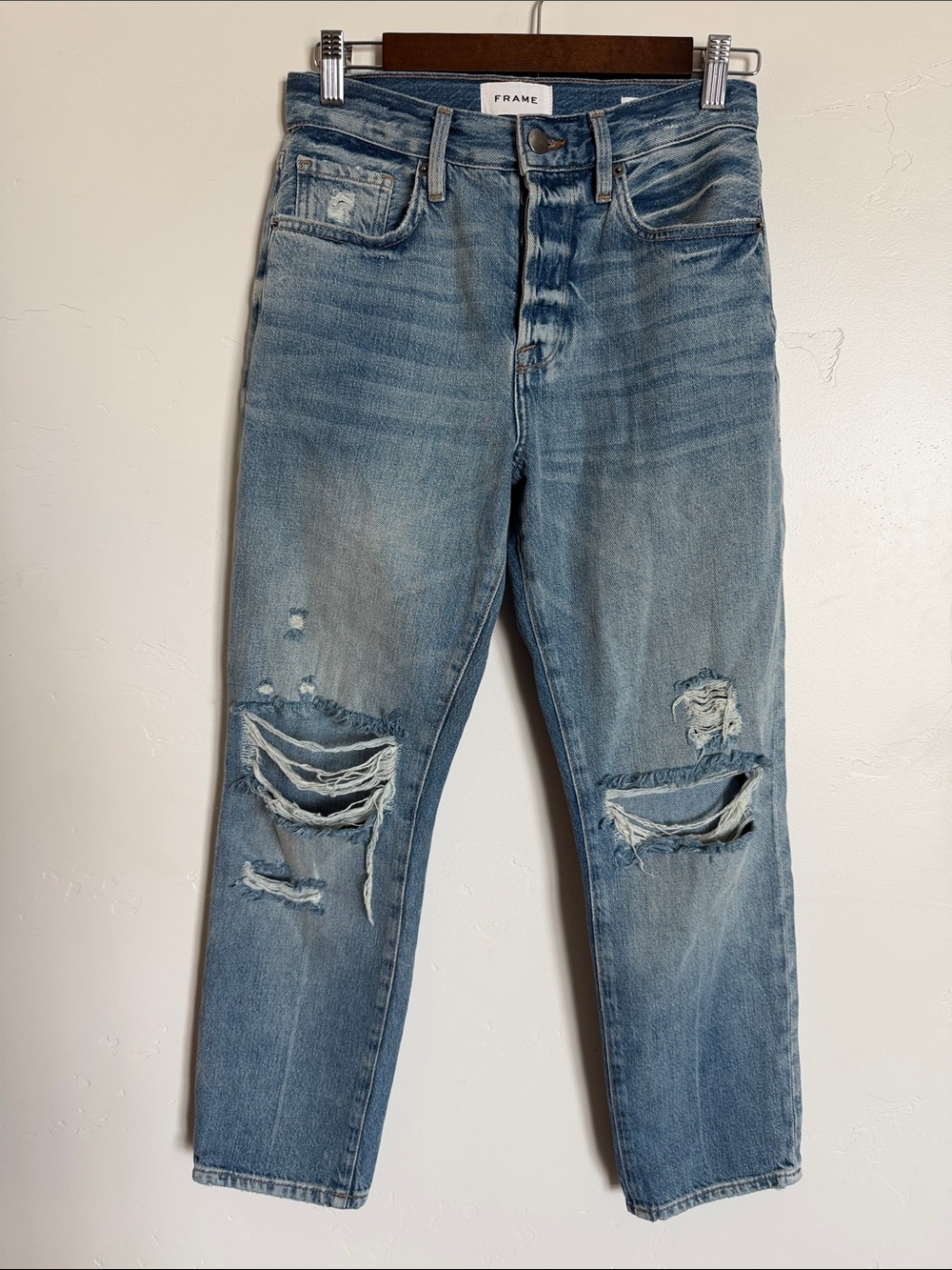 Frame Denim Le Original Button Fly Blue Straight-Leg Distressed Jeans 25